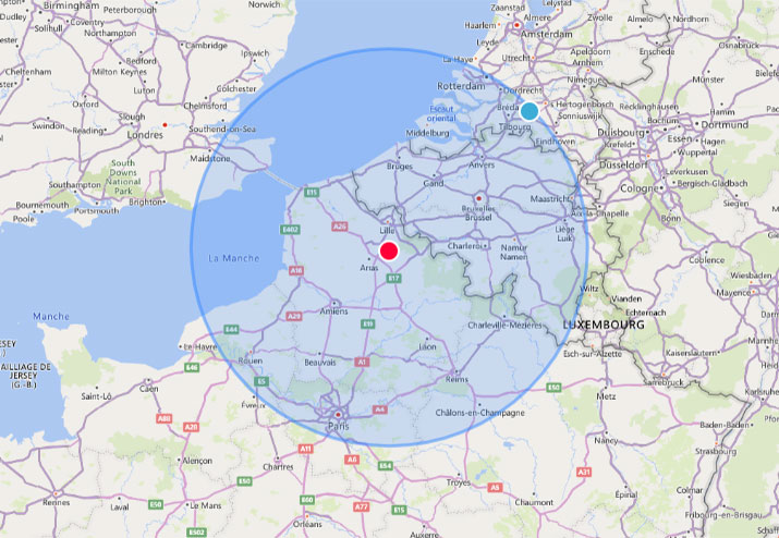 Zone d'intervention (150 km autour de Douai)